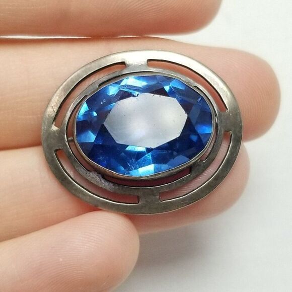 Vintage Art Nouveau Style Sterling Silver Blue Oval Rhinestone 1 Inch Brooch - Picture 1 of 7